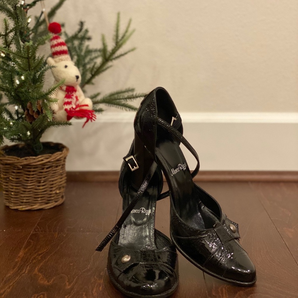 Black leather high heels